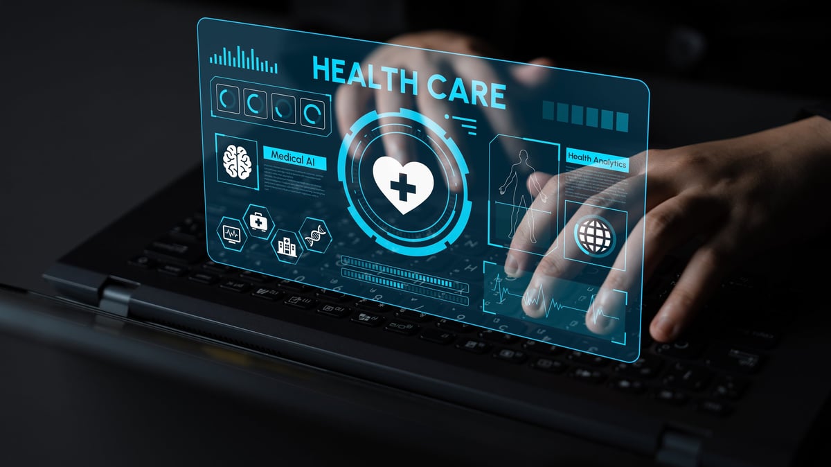 A laptop displays a digital health care interface showcasing advanced technology. The virtual elements provide insights into medical data and patient support systems.
