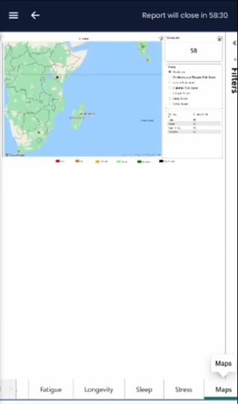 Interactive health map showing fatigue, longevity, sleep, and stress data across East Africa region with color-coded legend and analytics dashboard