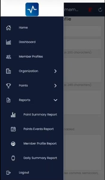 Navigation menu with Home, Dashboard, Member Profiles, Organization, Points, Reports, and Logout options